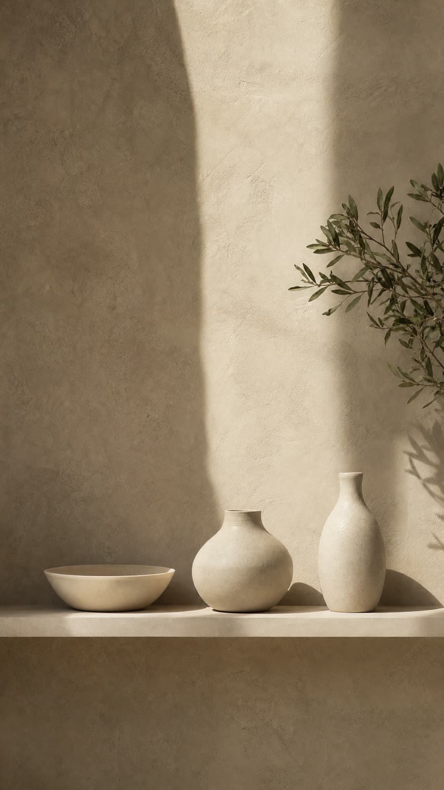 A plaster wall with a single shelf and three pale vessels
